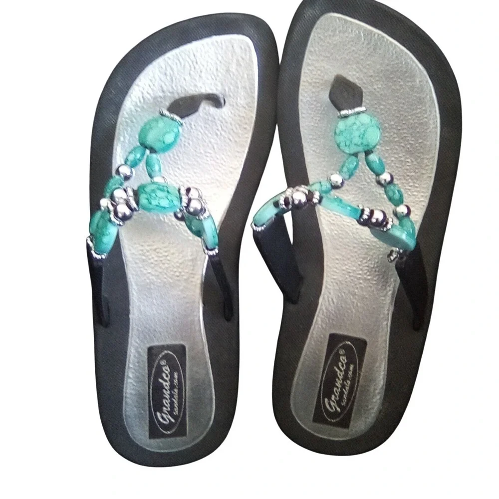 Grandco Womens Beaded F Flop Sandals Turquoise Silver Black HY-0969 Size 7